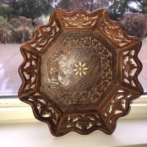 Hand Carved Wood Tray Wood Inlay Flower 1900’s